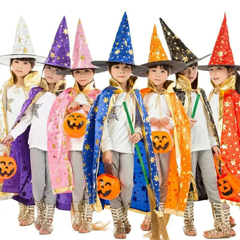 Детские костюмы на Хэллоуин, Плащ Волшебницы, Накидка, халат с заостренной шляпой, реквизит для косплея для девочек и мальчиков, Принадлежности для детского дня рождения