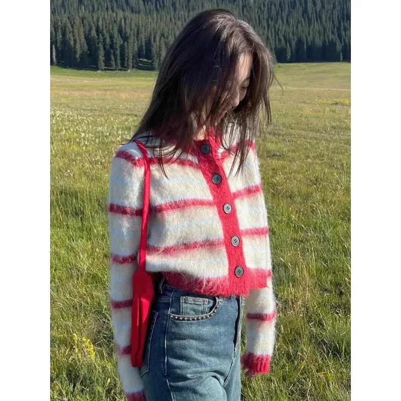 Женский свитер контрастного цвета с длинными рукавами, короткий осенне-зимний новый свободный кардиган ленивой вязки из мягкой клеенки