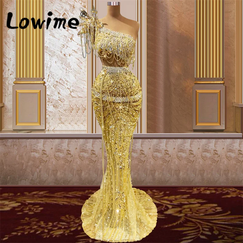 Золотые арабские вечерние платья с бисерной кисточкой 2022, Длинное платье Знаменитостей с Русалочкой, вечерние платья с кристаллами на одно плечо, Свадебное платье для вечеринки