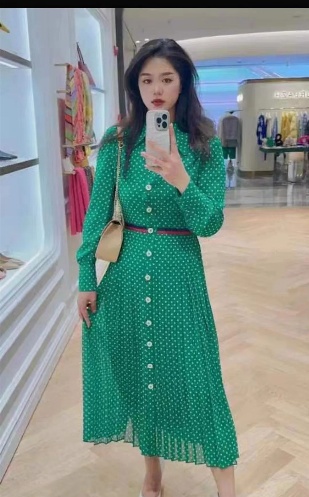 Элегантное модное платье миди с длинными рукавами зеленого цвета в горошек UK 6-UK14